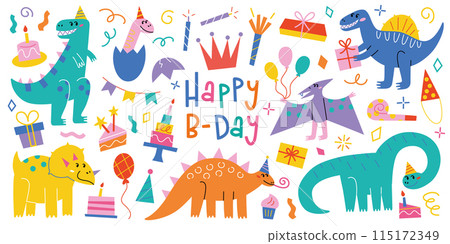 Cute dinosaur birthday set, vector illustration of happy party, collection with cake, gifts, balloons, and hats. Flat cartoon style, colorful doodles, playful characters, festive celebration elements Cute dinosaur birthday set, vector illustration of happy party, collection with cake, gifts, balloons, and hats. Flat cartoon style, colorful doodles, playful characters, festive celebration elements 115172349