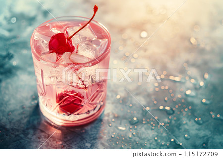 Cherry-flavored beverage in a glass with ice and cherries. Fresh drinks 115172709