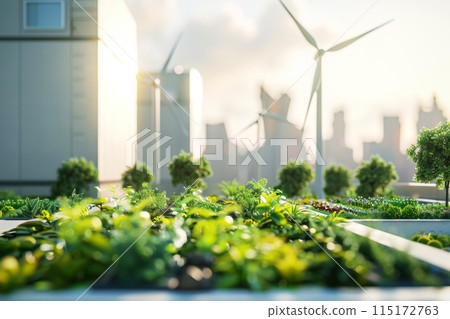 Lush green rooftop garden in an urban setting with wind turbines against a city silhouette, highlighting sustainability and renewable energy in modern city living. Lush green rooftop garden in an urban setting with wind turbines against a city silhouette, highlighting sustainability and renewable energy in modern city living. 115172763