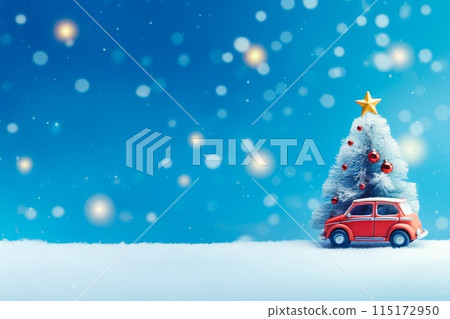 Winter Christmas tree and miniature car 115172950