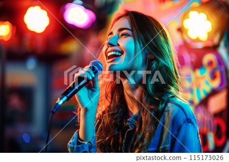 Young female comedian captivating the audience with her wit during an open mic night, highlighted by expressive gestures and a colorful stage backdrop. 115173026