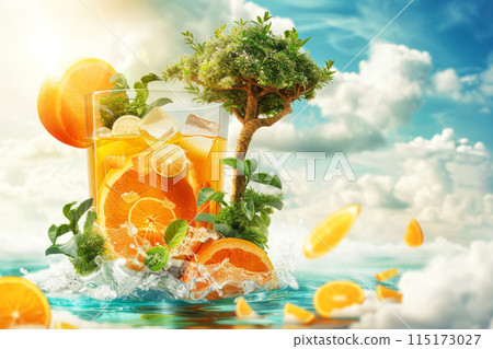 Surreal floating orange juice oasis with a vibrant tree surrounded by serene water, set against a sunny sky backdrop. 115173027