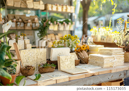 Assortment of plantable seed paper products on a sunny eco-market stall, promoting sustainability through notebooks, cards, and potted plants. 115173035