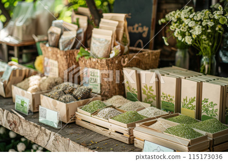 Variety of organic seeds displayed in an eco-conscious market stall with paper packaging and educational signage, embodying sustainability. 115173036