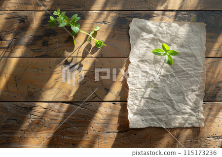 Plantable Seed Paper with grown plant on wooden table. Craft and eco-friendly concept 115173236