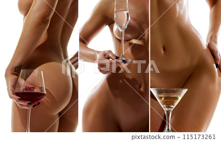 Evocative collage. Close up photos of young woman with perfect, sensual, toned body holding glasses of alcohol drinks. Evocative collage. Close up photos of young woman with perfect, sensual, toned body holding glasses of alcohol drinks. 115173261