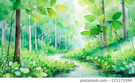 清新的綠色森林水彩風格-插圖素材[115173394] - PIXTA圖庫