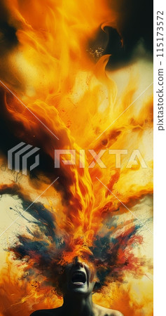 Mental Overload. Abstract colorful art depicting shooting of song with head explosion. Chaotic and painful mind, anxiety attacks. 115173572