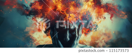 Cognitive Burnout. Colorful artwork, head exploding into flames and smoke. Physical and emotional exhaustion, frustration Cognitive Burnout. Colorful artwork, head exploding into flames and smoke. Physical and emotional exhaustion, frustration 115173573