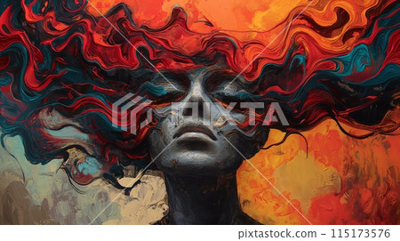 Creative colorful illustration with woman and swirling, vibrant colors, symbolize chaotic and intense emotions Creative colorful illustration with woman and swirling, vibrant colors, symbolize chaotic and intense emotions 115173576