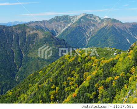 Autumnal Mt. Senjogatake seen from Mt. Yakushi in the Southern Alps 115173592
