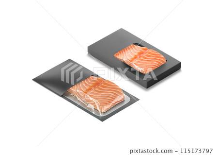 Blank black box and transparent label pack with salmon mockup 115173797