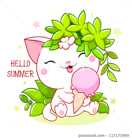 Cute season card in kawaii style. Lovely little cat with ice cream and green leaves. Inscription Hello summer. Can be used for t-shirt print, stickers, greeting card design. Vector illustration EPS8 115173999