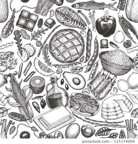 Dash Diet Seamless Pattern. Vector Hand Drawn Healthy Food Background. Vintage Style Menu Illustration. 115174004