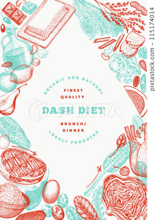 Dash Diet Design Template. Vector Hand Drawn Healthy Food Banner. Vintage Style Menu Illustration. Dash Diet Design Template. Vector Hand Drawn Healthy Food Banner. Vintage Style Menu Illustration. 115174014