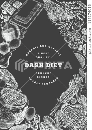 Dash Diet Design Template. Vector Hand Drawn Chalk Board Healthy Food Banner. Vintage Style Menu Chalkboard Illustration. Dash Diet Design Template. Vector Hand Drawn Chalk Board Healthy Food Banner. Vintage Style Menu Chalkboard Illustration. 115174016
