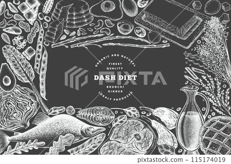 Dash Diet Design Template. Vector Hand Drawn Chalk Board Healthy Food Banner. Vintage Style Menu Chalkboard Illustration. 115174019