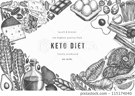 Keto Diet Design Template. Vector Hand Drawn Healthy Food Banner. Vintage Style Ketogenic Menu Illustration. 115174040