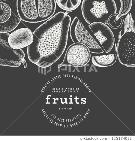 Tropical Fruit Design Template. Vector Hand Drawn Exotic Fruit Chalk Board llustration. Vintage Style Menu Illustration. 115174052