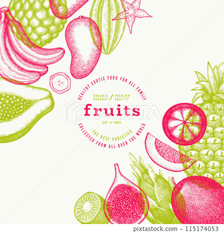 Tropical Fruit Design Template. Vector Hand Drawn Exotic Fruit Banner. Vintage Style Menu Illustration. 115174053