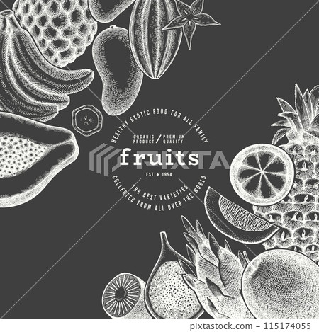 Tropical Fruit Design Template. Vector Hand Drawn Exotic Fruit Chalk Board llustration. Vintage Style Menu Illustration. 115174055