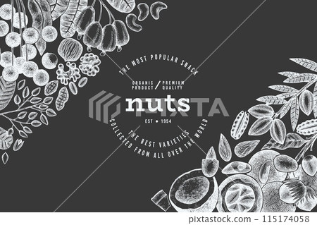 Hand Drawn Nuts Branch And Kernels  Template. Organic Seed Vector Design. Retro Chalk Board Nut Illustration. 115174058