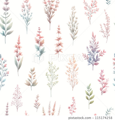 Vector floral seamless pattern with wild flowers, herbs and grasses. Pastel colors on white background. Delicate field flower and herb illustration. 115174258