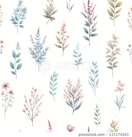 Vector floral seamless pattern with wild flowers, herbs and grasses. Pastel colors on white background. Delicate field flower and herb illustration. 115174261