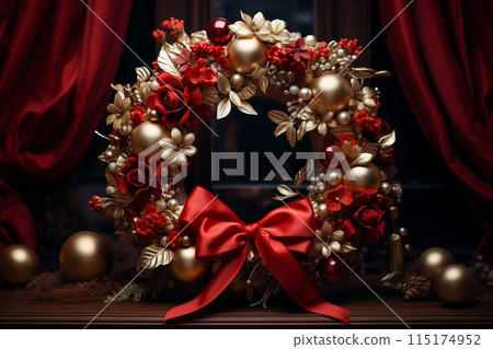 A festive Christmas wreath hangs in a window, showcasing seasonal decor and spreading holiday cheer. 115174952