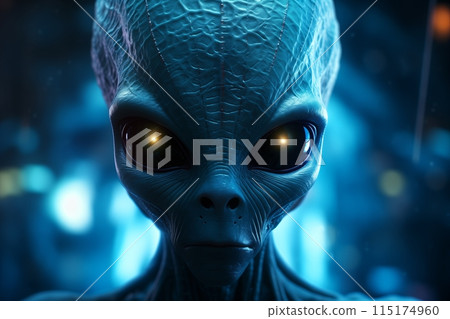 The image shows a detailed close-up of an alien with glowing eyes staring directly at the viewer. 115174960