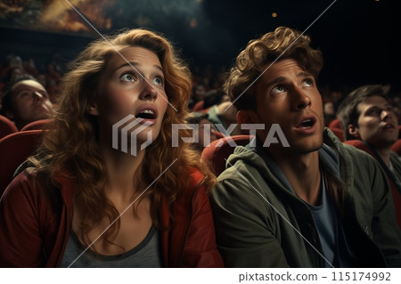 A man and a woman sit together in a movie theater, watching the film projected on the screen in front of them. 115174992