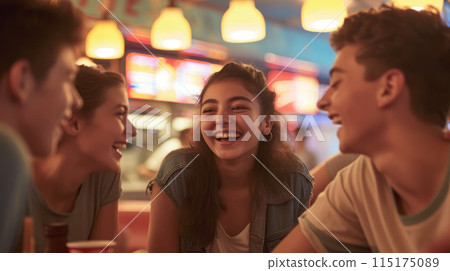 Laughing teenagers chatting at a table in a cafe. 115175089