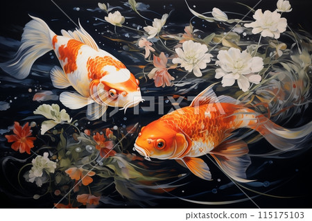 An acrylic painting featuring two fish gracefully swimming in a pond surrounded by vibrant flowers in full bloom.	 An acrylic painting featuring two fish gracefully swimming in a pond surrounded by vibrant flowers in full bloom.	 115175103