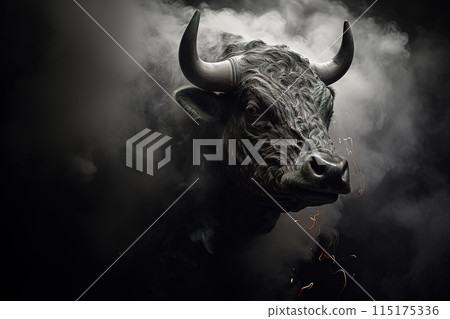 Wild bovine cattle with large horns along with white smoke. Bull. Wildlife Animals. Wild bovine cattle with large horns along with white smoke. Bull. Wildlife Animals. 115175336