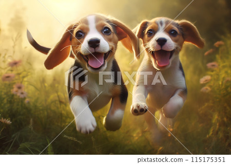 Two cute puppies running in the park in the morning with sunny weather. Two cute puppies running in the park in the morning with sunny weather. 115175351