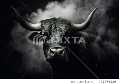 Wild bovine cattle with large horns along with white smoke. Bull. Wildlife Animals. Wild bovine cattle with large horns along with white smoke. Bull. Wildlife Animals. 115175386