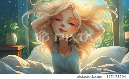 Blonde girl woke up in bed in the morning Blonde girl woke up in bed in the morning 115175504