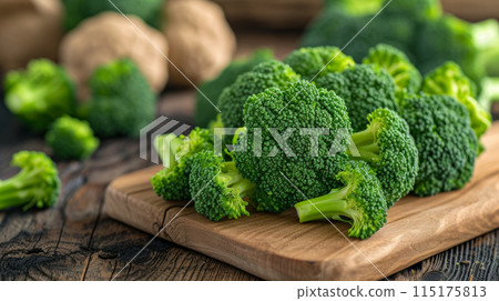Fresh broccoli on the kitchen board Fresh broccoli on the kitchen board 115175813