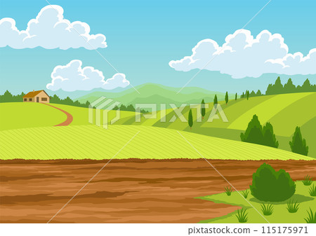 Agriculture farming landscape. Countryside land. Plowing the field on rural landscape background. Farm life, soil cultivation. Vector cartoon illustration 115175971