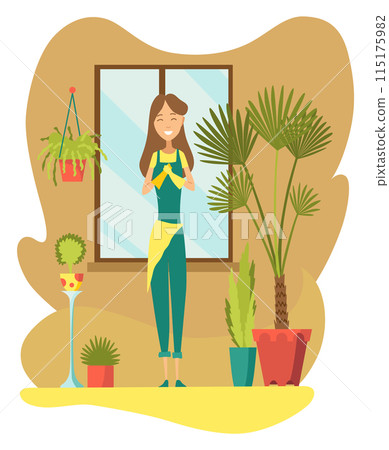Urban gardening, person who takes care of plants. Ecological and sustainable green lifestyle. Urban environment concept. City parks element for advertising flyer. Vector illustration 115175982