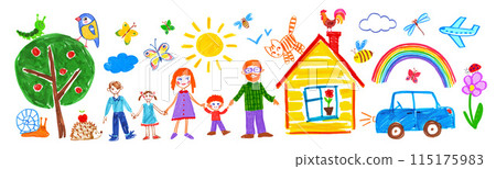 Child drawing of family on summer background 115175983