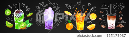 Bubble Tea flavors on chalkboard background Bubble Tea flavors on chalkboard background 115175987