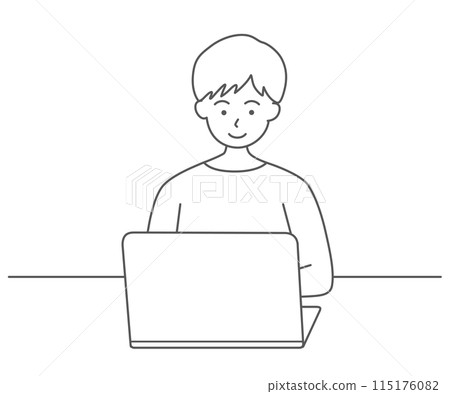 一個年輕人使用筆記型電腦的簡單線條畫插圖 115176082
