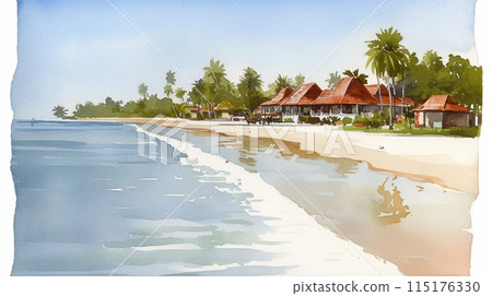 Tropical seaside scenery lined with cottages 115176330