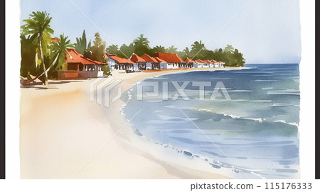Tropical seaside scenery lined with cottages 115176333