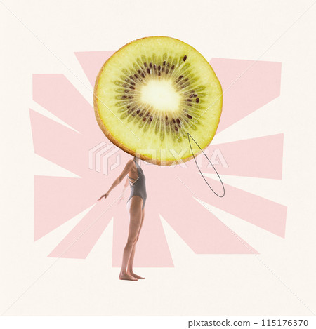 Young woman in vintage striped swimsuit standing with kiwi head on abstract light background. Contemporary art collage. Young woman in vintage striped swimsuit standing with kiwi head on abstract light background. Contemporary art collage. 115176370
