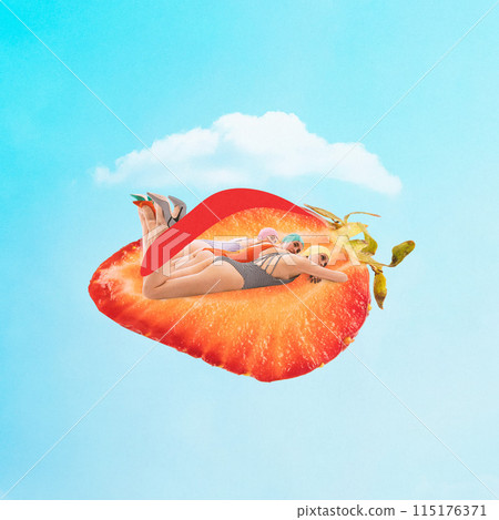 Three women lying on slice of strawberry on colorful swimsuits and sunbathing. Sky background. Contemporary art collage. Three women lying on slice of strawberry on colorful swimsuits and sunbathing. Sky background. Contemporary art collage. 115176371