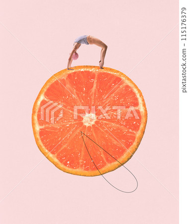 Woman in vintage swimsuit and swimming cap stretching on slice of grapefruit against light pink background. Contemporary art collage. Woman in vintage swimsuit and swimming cap stretching on slice of grapefruit against light pink background. Contemporary art collage. 115176379
