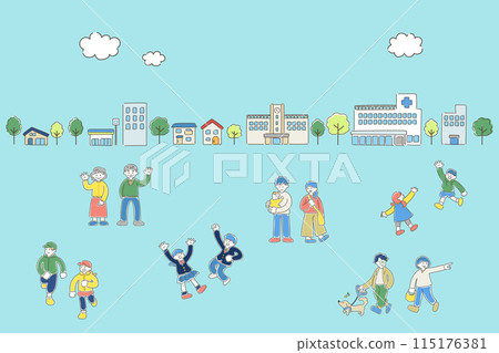 A loose illustration (set) of multi-generational local people and streetscapes 115176381