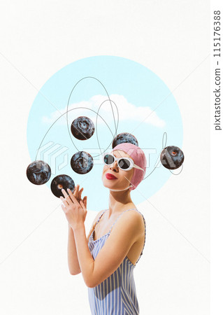 Beautiful young woman in vintage swimsuit, swimming cap and sunglasses on light abstract background berries. Contemporary art collage. 115176388